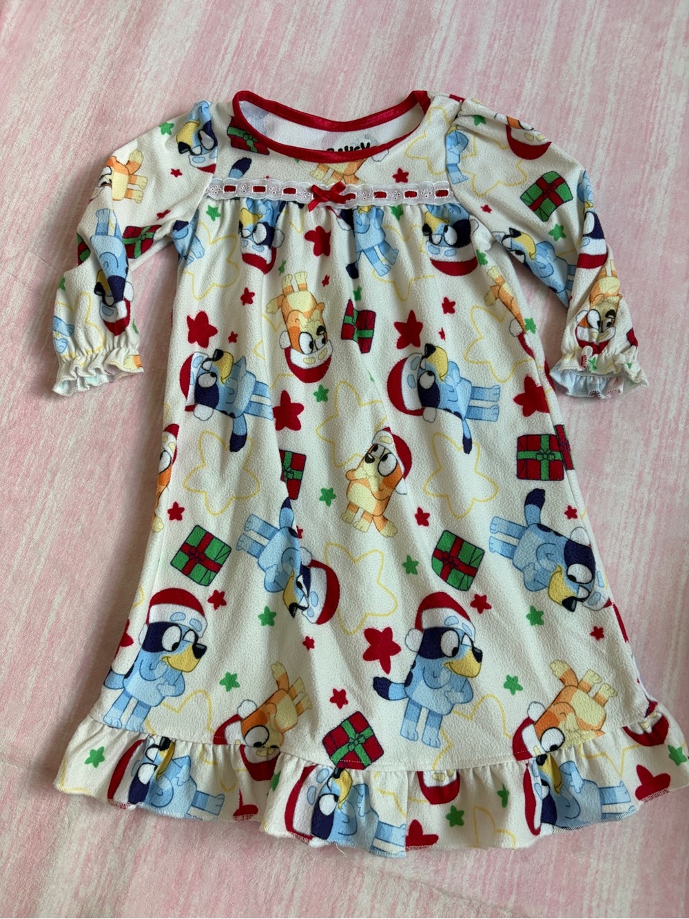 Girls' Holiday Puppy Print Nightgown - White with Red Trim